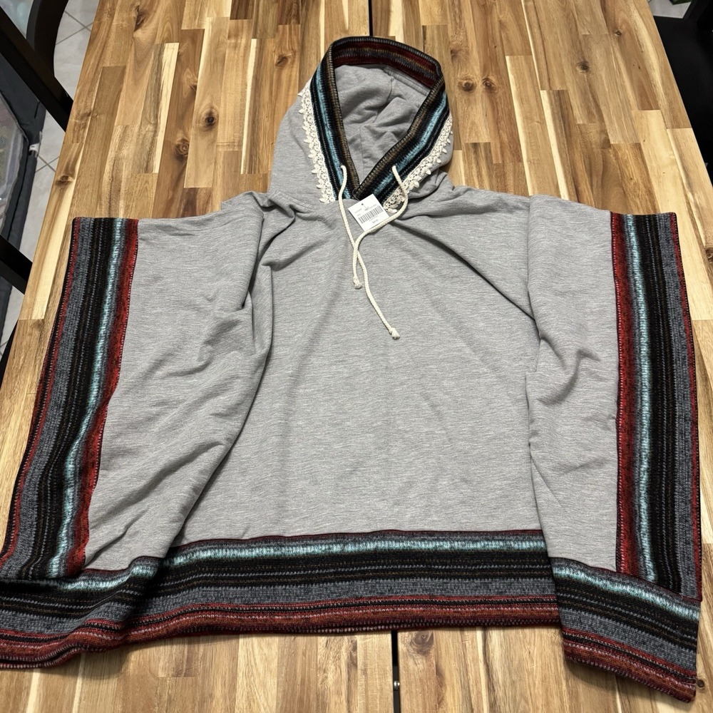 Altar'd State Colder Days Hooded Poncho Womens XS/S Gray Aztec Oversized NWT